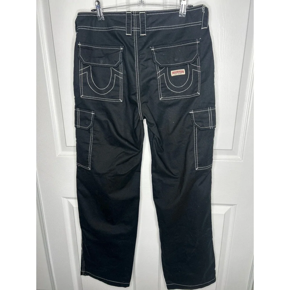 True Religion Men's 27 Black Cargo Pants White Contrast Stitch Big T Military SN